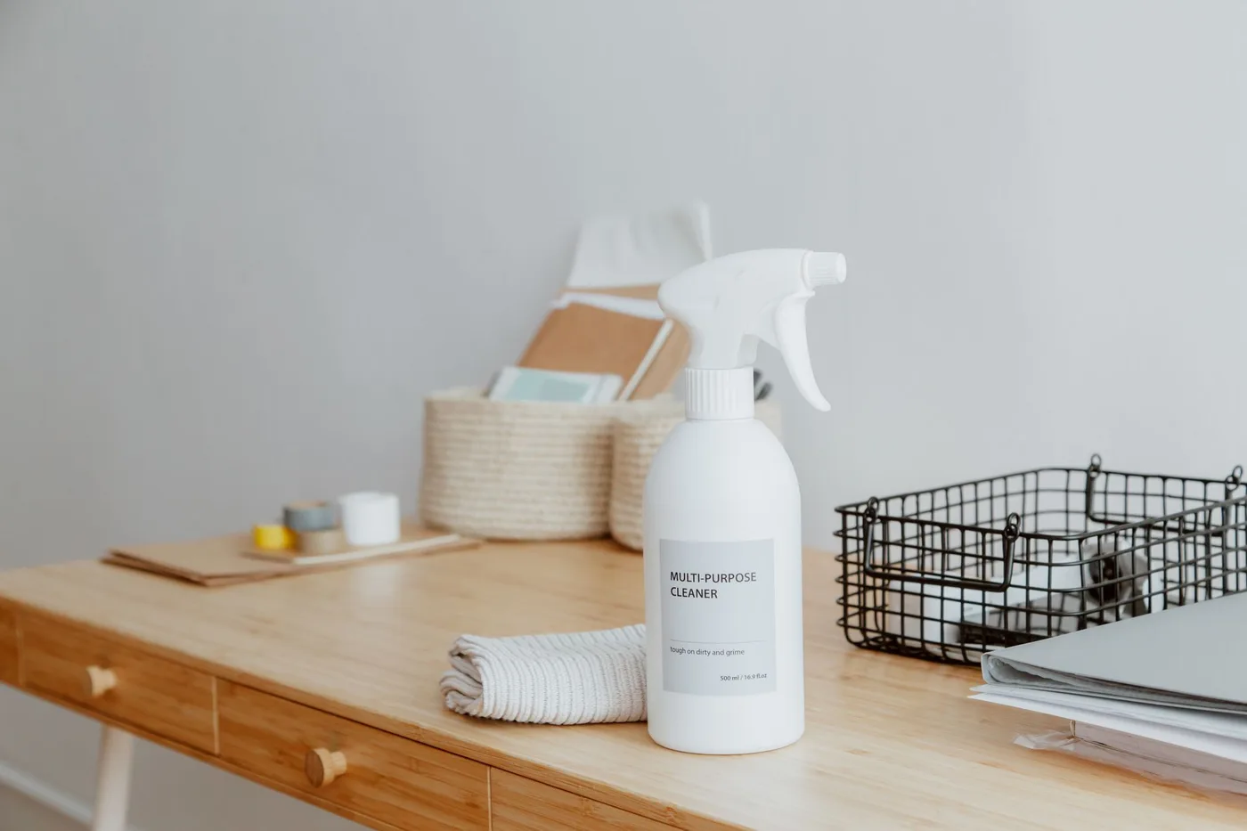 Cleaning supplies staged in a small Tampa, FL office for office cleaning