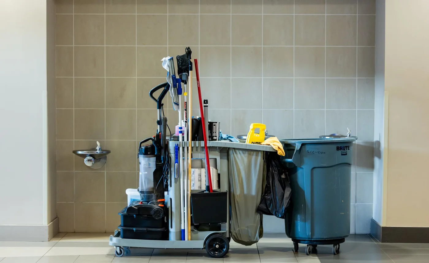 Commercial cleaning cart in a Tampa, FL office building