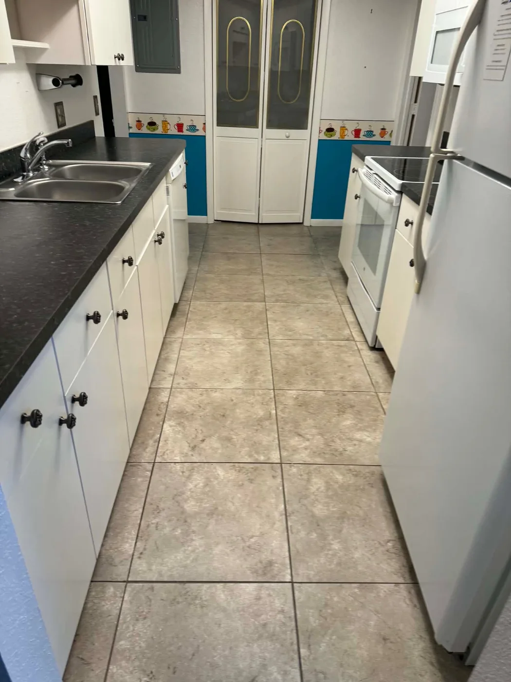 Clean compact galley kitchen in a Tampa, FL apartment