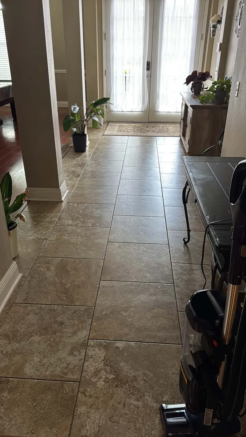 Vacuum and cleaning cart staged in a Tampa, FL home hallway